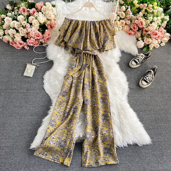 Female summer tall waist waist receive show thin falbala collar a word shoulder jumpsuits with short sleeves - Image 2