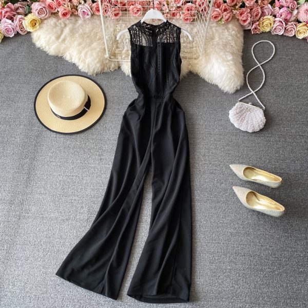 Round neck lace stitching jumpsuit women’s scheming hollow elegant high waist wide leg pants jumpsuit - Image 3