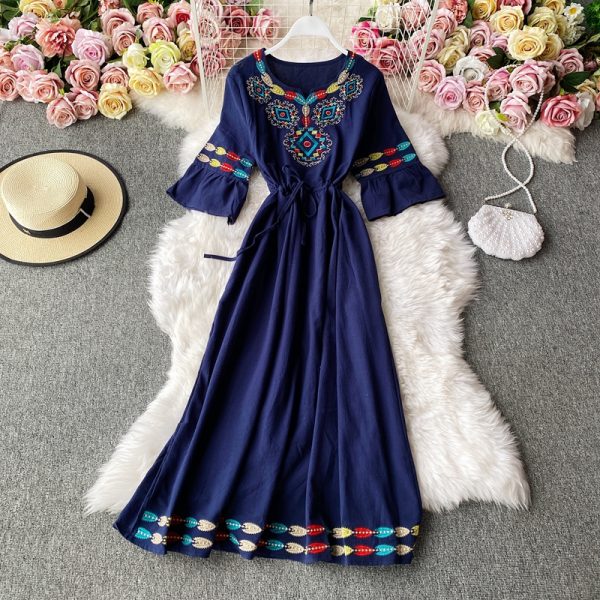 Trip Shoot Bohemian Embroidered Bell Sleeve V-neck Tight Waist Cotton Linen Loose Vacation Dress Embroidery Fairy Long Dress - Image 2