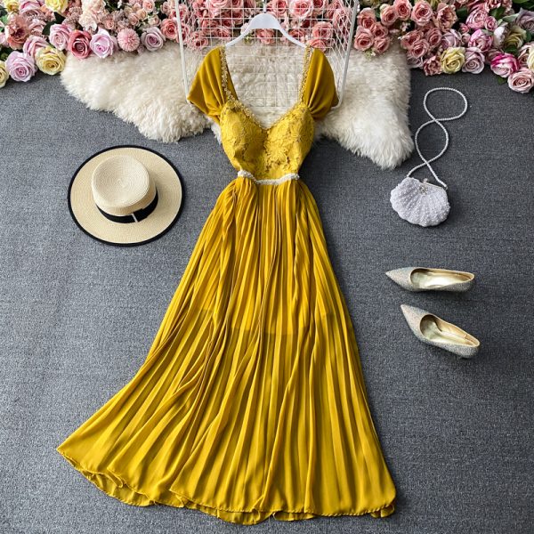 Chic Gentle Large Swing Dress Summer New Backless Waist Trimming V-neck Pleated Dress Fashion Banquet Dress - Image 5