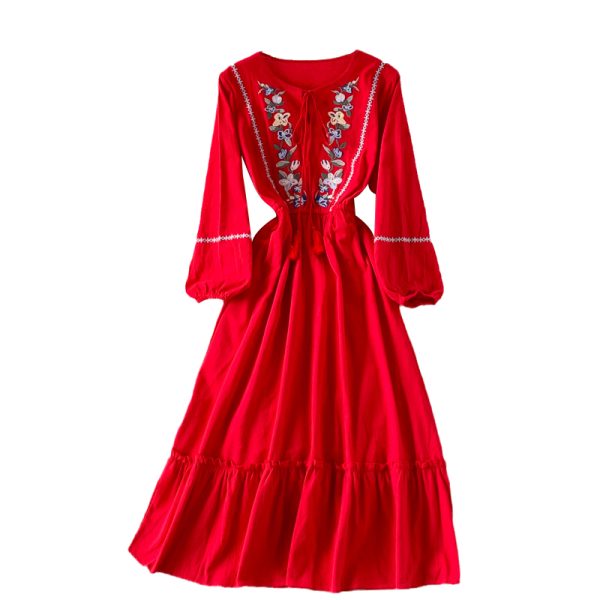 National Style Vintage Embroidery Dress Summer Embroidery New Waist-Tight Slimming Vacation Large Swing Dress - Image 6