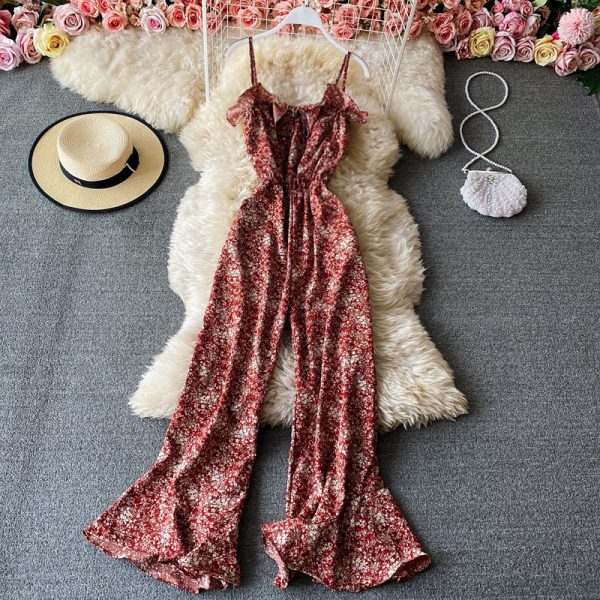 Floral wide-leg pants, high-waist flared pants trousers jumpsuits women’s one-line collar off-shoulder waist thin sling jumpsuit - Image 2