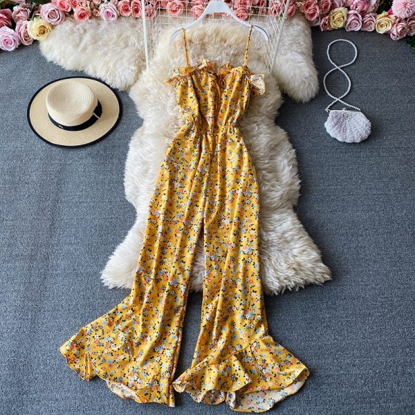 Floral wide-leg pants, high-waist flared pants trousers jumpsuits women’s one-line collar off-shoulder waist thin sling jumpsuit - Image 3