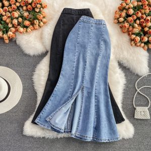 Denim High Waist Slit Skirt Women’s A- line Skirt Ruffled Mid-Length below the Knee Slim Fit Slimming Fishtail Hip Skirt