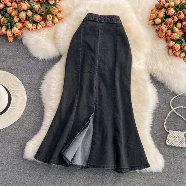 Denim High Waist Slit Skirt Women’s A- line Skirt Ruffled Mid-Length below the Knee Slim Fit Slimming Fishtail Hip Skirt - Image 3