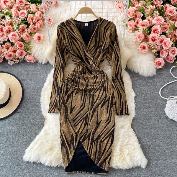 Autumn New Temperament Waist-Controlled Slimming Bright Silk Stretch Skinny V-neck Cross Mid-Length Irregular Sheath Dress - Image 3